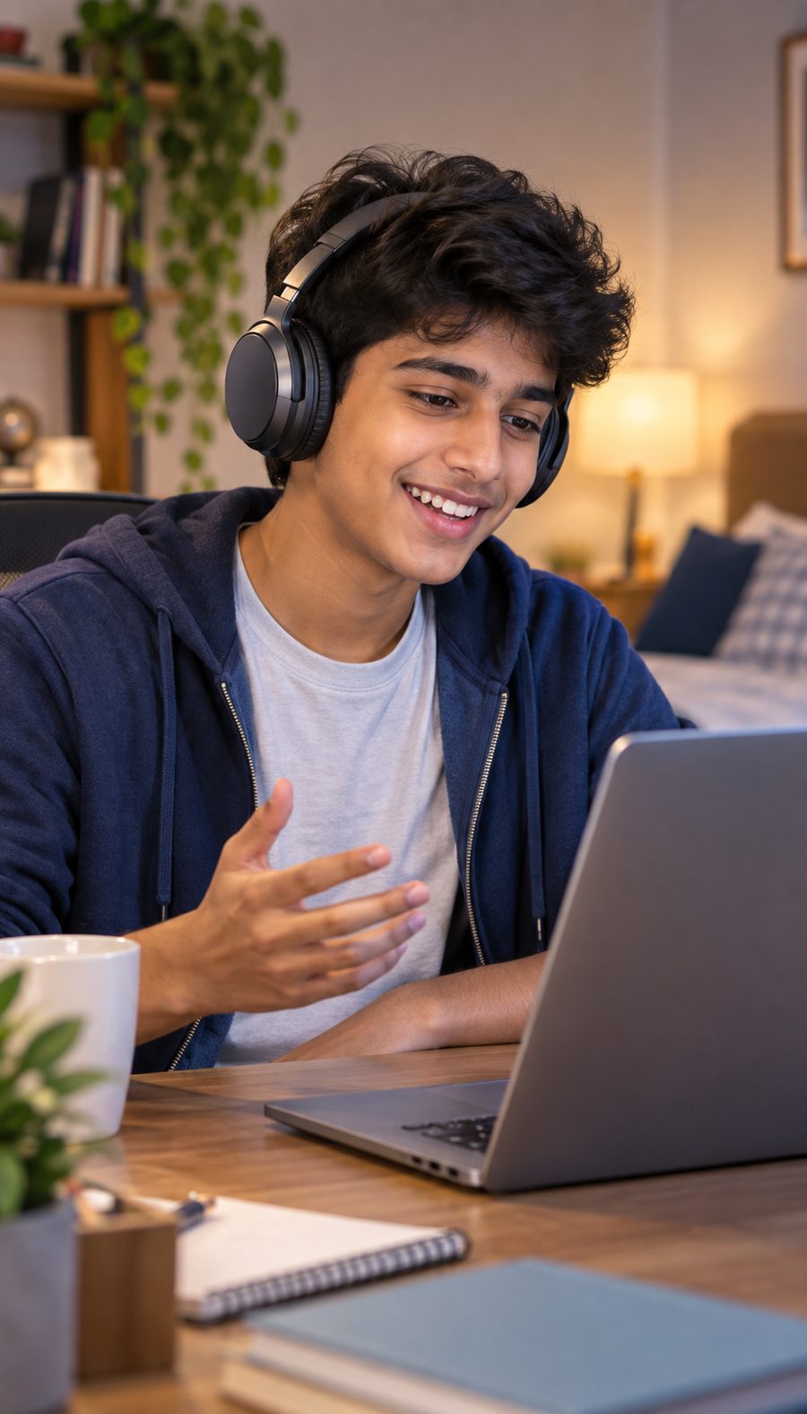 Indian teenager in headphones, laughing on a video call with his TeenCare mentor